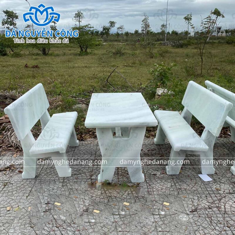 bộ bàn ghế đá nguyên khối cẩm thạch trắng xanh