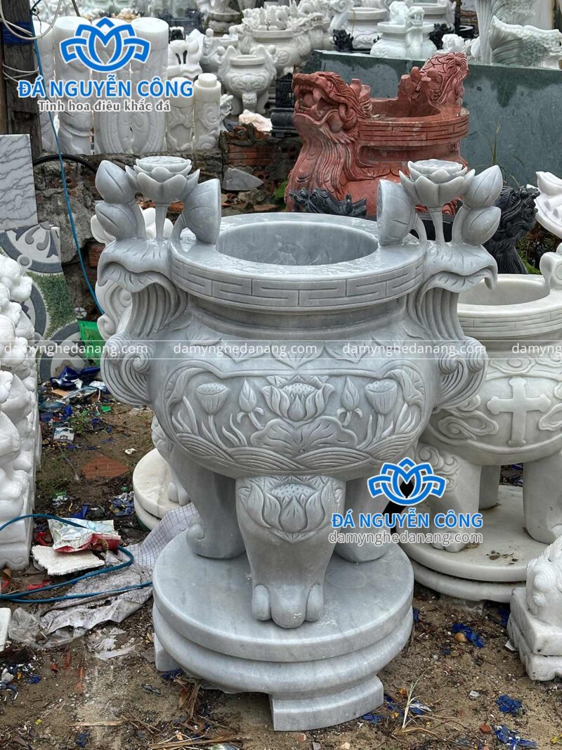 lư hương đá cẩm thạch xám hoa sen cao 1m