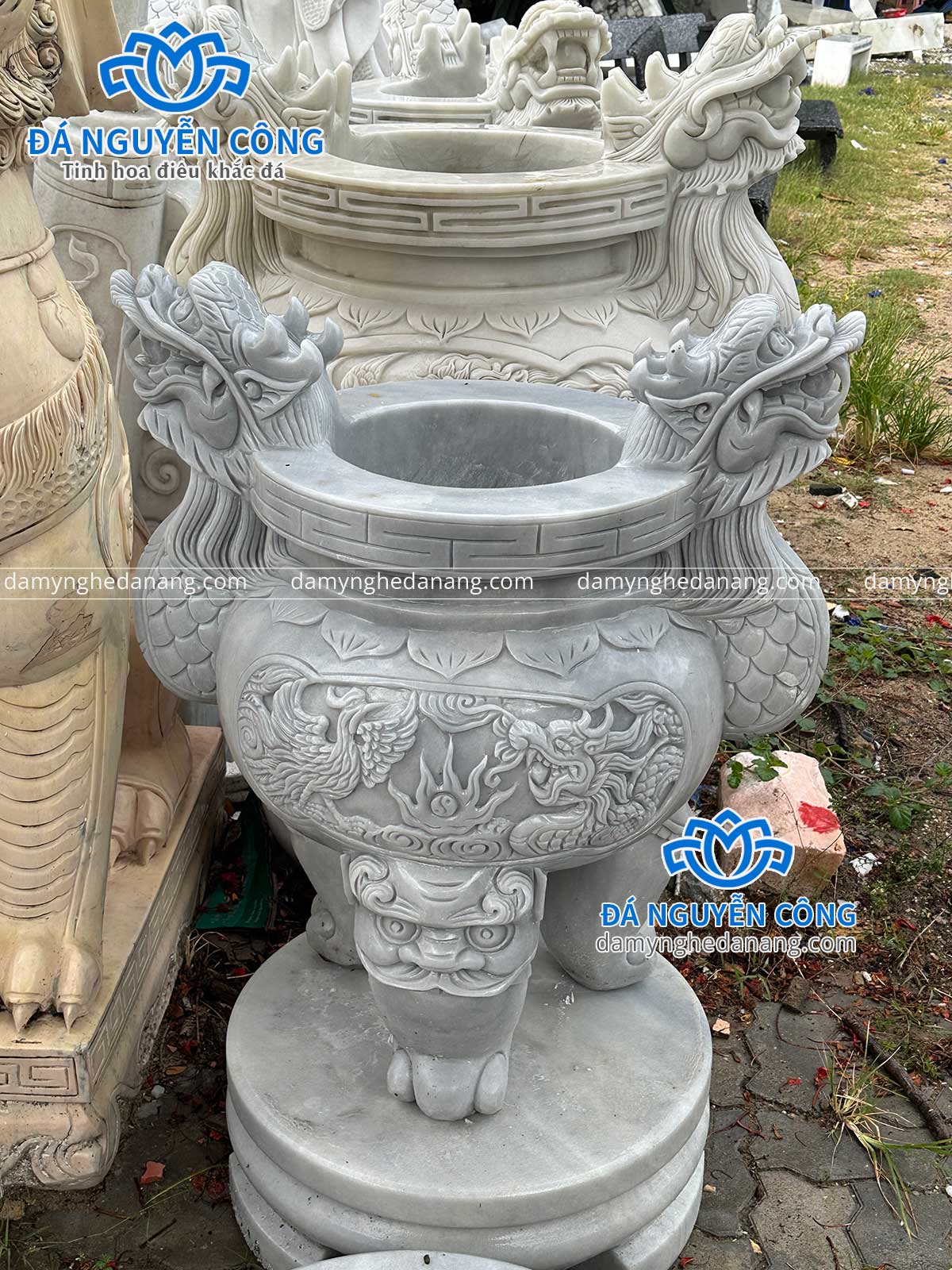 lư hương đá ngoài trời cẩm thạch xám cao 1m